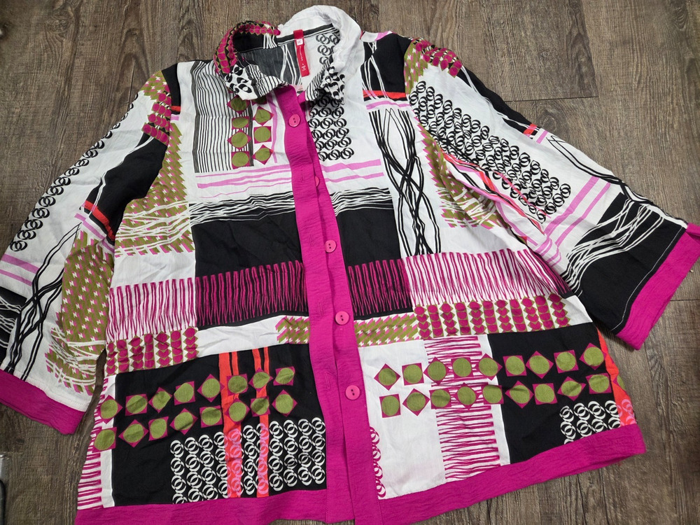 IC Collection Patchwork Blouse Button Black Pink Olive Green Shirt Top L MadeUSA